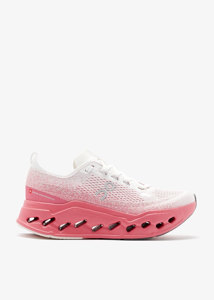 On White and Coral Pink Mesh Sneakers with Cutout Sole