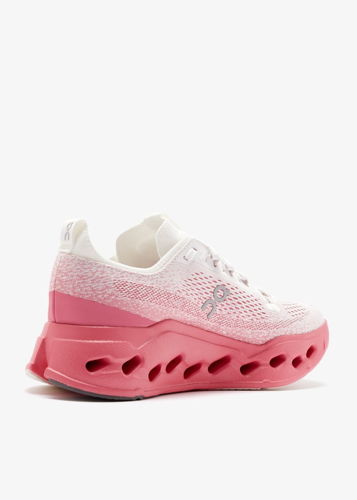 On White and Coral Pink Mesh Sneakers with Cutout Sole