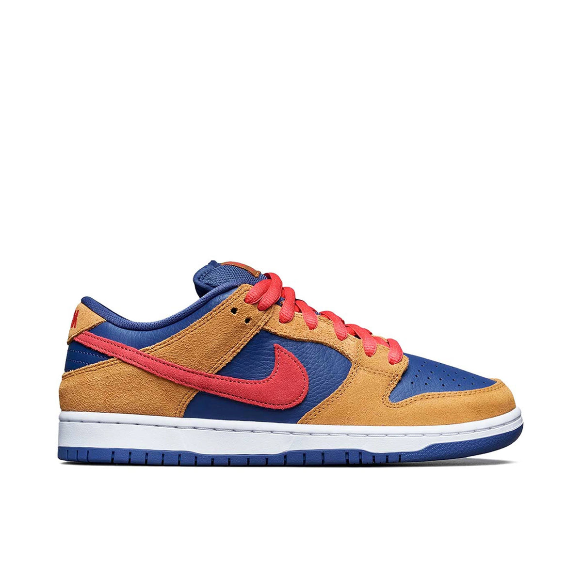 Nike Dunk Low Navy & Tan Sneakers with Coral Red Swoosh