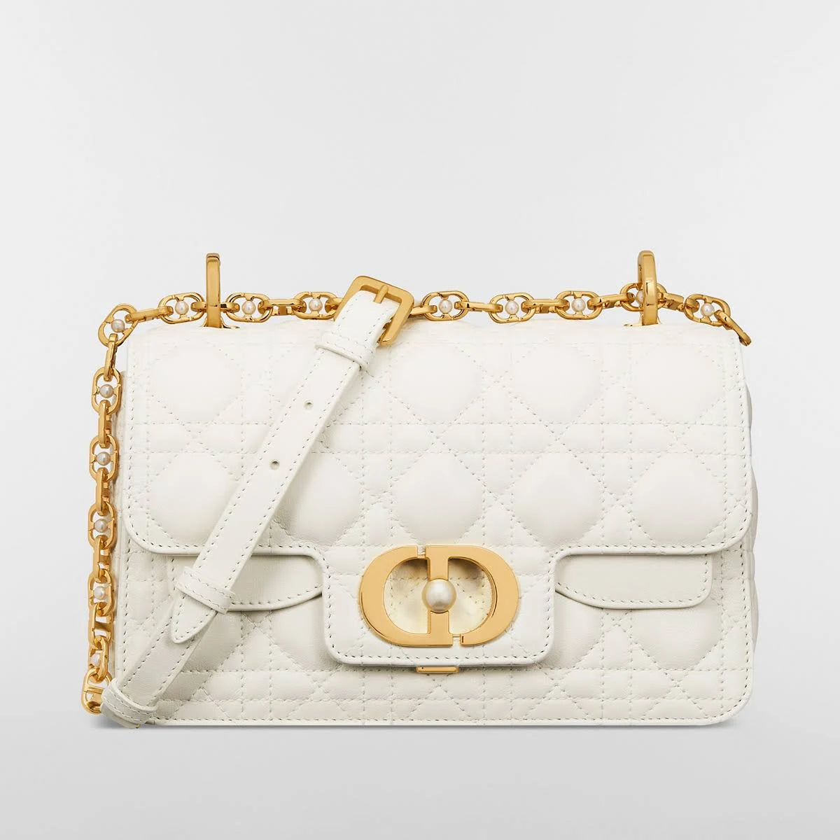 Dior Jolie Top Handle Mini Handbag, White Cannage Quilted Calfskin, Pearl Embellished Gold Hardware
