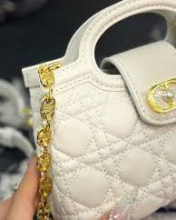 Dior Jolie Top Handle Mini Handbag, White Cannage Quilted Calfskin, Pearl Embellished Gold Hardware